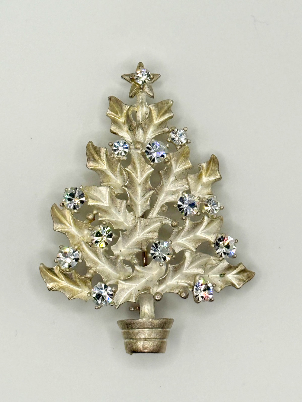 Vintage Eisenberg Ice White Leaf Tree Brooch Pin Clear Rhinestones 2.5"